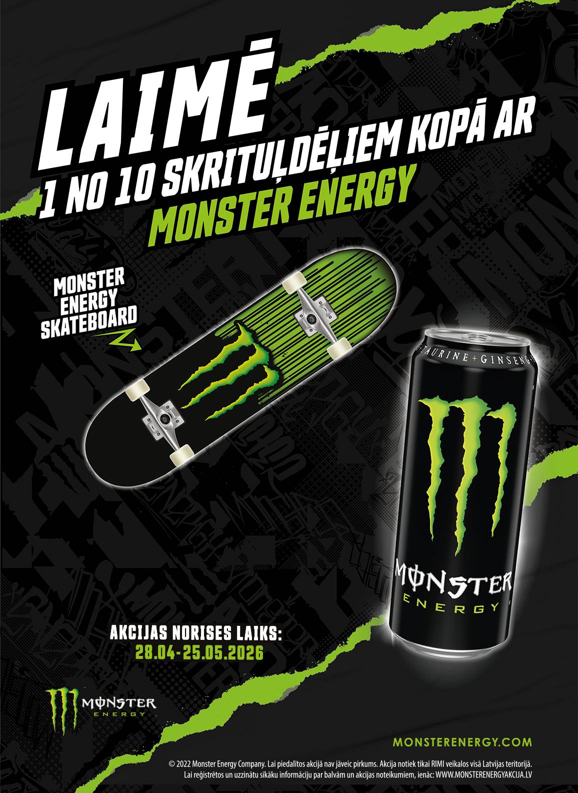 Laimē 1 no 10 skrituļdēļiem kopā ar Monster Energy!